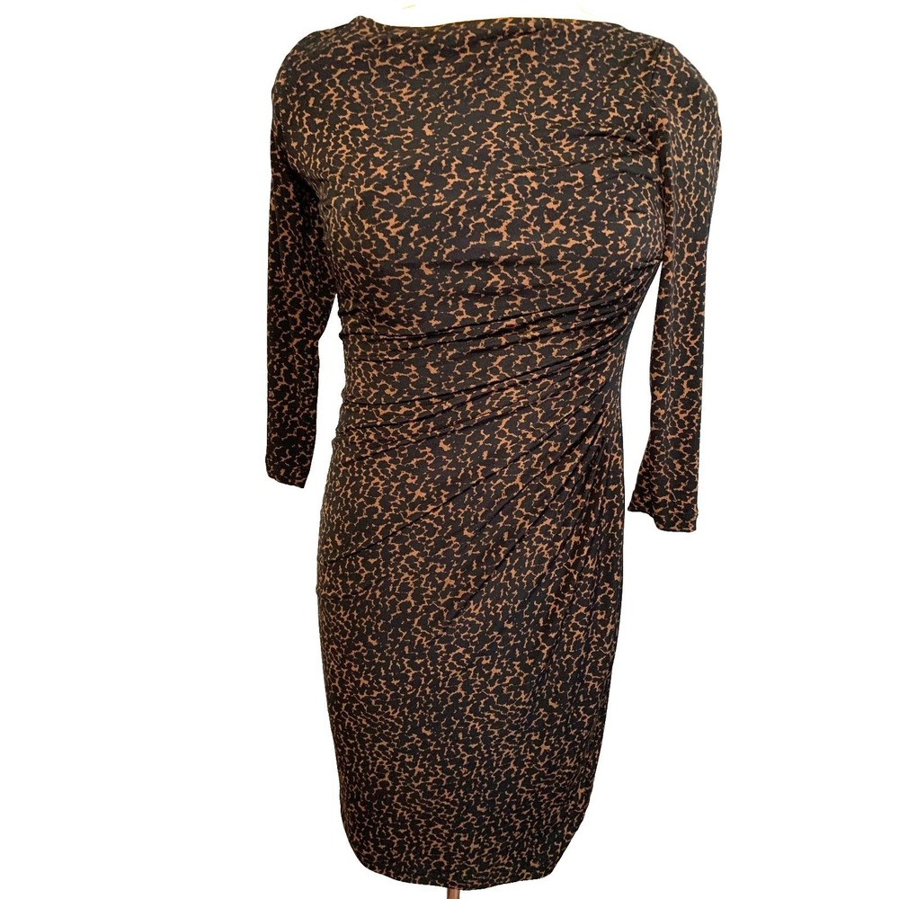 Lauren Ralph Lauren Brown Black Abstract Print Ruched Sheath Dress Size 4 EUC